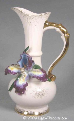 Pink Pitcher Vase with Iris and Leaves
