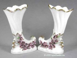 Pair of White Cornucopia Vases with Lilacs - 158